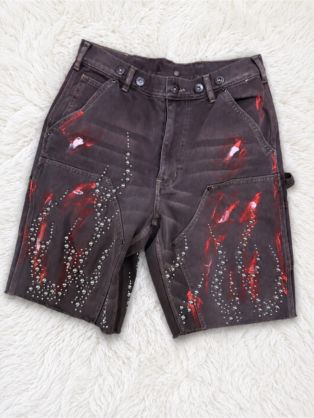 Men's hellstar Brown Studded Shorts with Red Accent